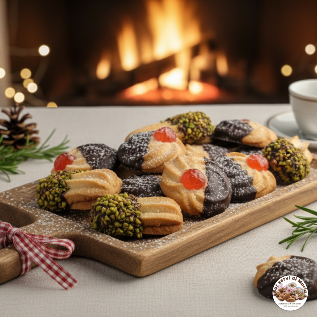 Primo piano biscotto al burro siciliano semplice spolverato in tavola nataizi dolci delizie siciliane