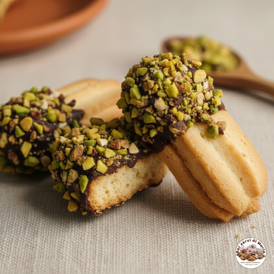 Primo piano su biscotti al burro siciliani con decorazione di cioccolato fondente e granella di pistacchio