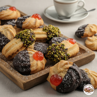 Biscotti al burro siciliani artigianali assortiti su vassoio con glasse e granella di pistacchio