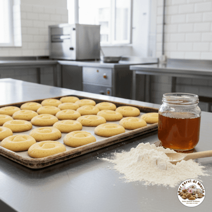 Biscotti al miele appena sfornati, su teglia da forno in laboratorio di pasticceria
