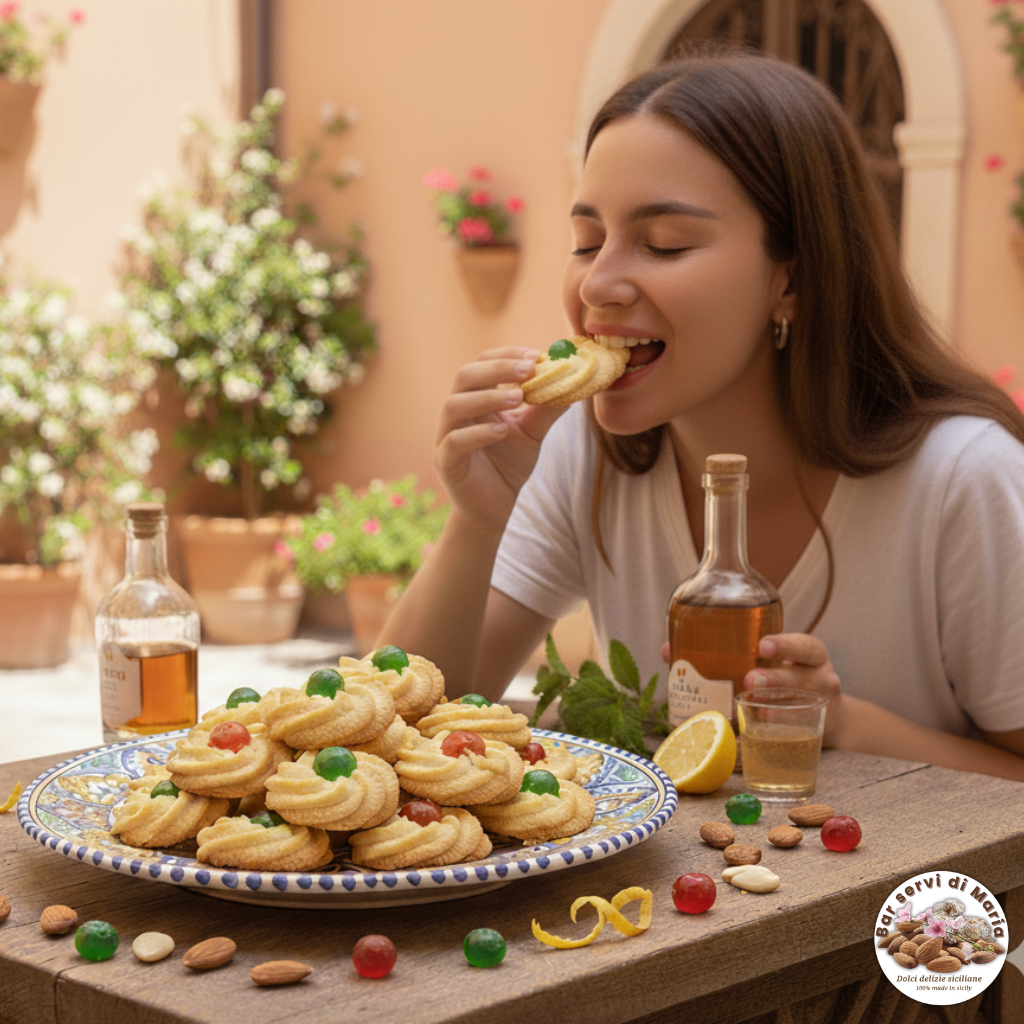 Ragazza sorridente assaggia estasiata i tradizionali biscotti siciliani alle mandorle con ciliegia candita. Foto emozionale per dolci artigianali.